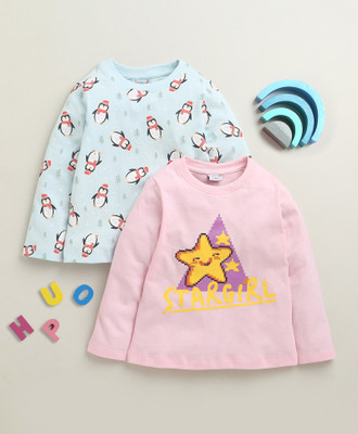 BUMZEE Baby Girls Graphic Print Pure Cotton Regular T Shirt(Multicolor, Pack of 2)