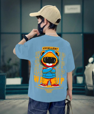 Bullmen Boys Printed Pure Cotton Oversized T Shirt(Light Blue, Pack of 1)