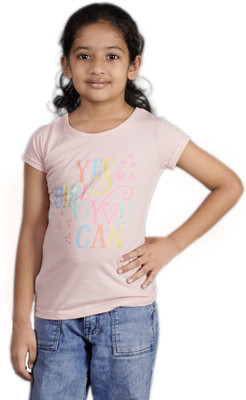 Yellowtoons Girls Printed Cotton Blend Regular T Shirt(Pink, Pack of 1)