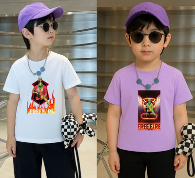 Lecowar Boys Printed Polyester Regular T Shirt(White, Purple, Pack of 2)