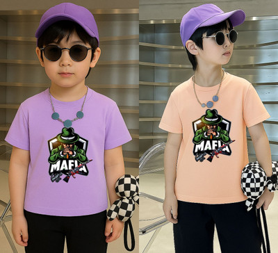 Lecowar Boys Graphic Print Polyester Regular T Shirt(Purple, Pink, Pack of 2)