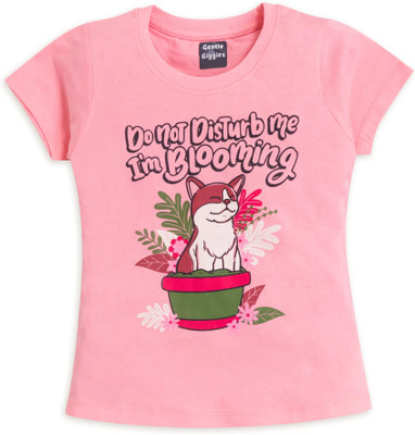 Gentle Giggles Girls Animal Print Pure Cotton Regular T Shirt(Pink, Pack of 1)