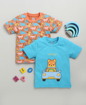 BUMZEE Boys Graphic Print Pure Cotton Regular T Shirt(Blue, Pack of 2)