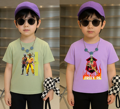 Lecowar Boys Graphic Print Polyester Regular T Shirt(Green, Purple, Pack of 2)