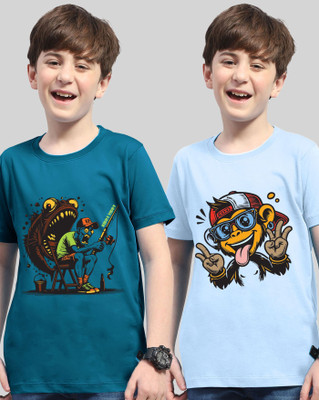 AUSK Boys Printed Cotton Blend Regular T Shirt(Dark Blue, Light Blue, Pack of 2)