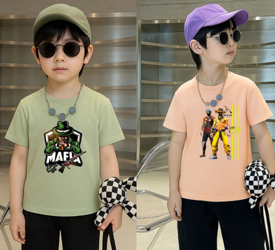 Lecowar Boys Printed Polyester Regular T Shirt(Green, Pink, Pack of 1)