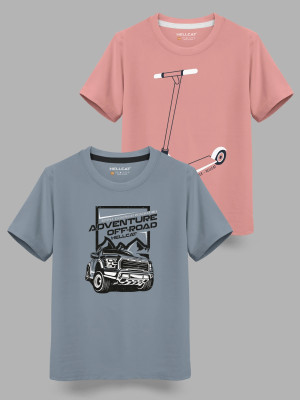 Hellcat Boys Printed Cotton Blend Regular T Shirt(Grey, Pack of 2)