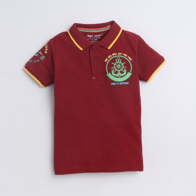 BABY NATION Boys Embroidered Pure Cotton Regular T Shirt(Maroon, Pack of 1)