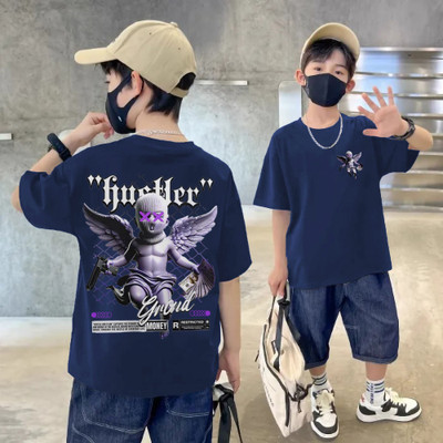 Wrodss Boys & Girls Printed Cotton Blend Regular T Shirt(Dark Blue, Pack of 1)