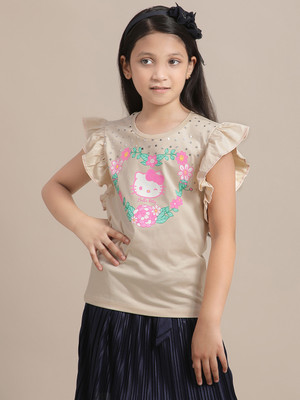 kidsville Girls Graphic Print Cotton Blend Regular T Shirt(Beige, Pack of 1)