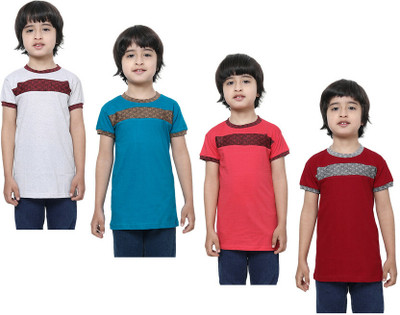 KAVYA Boys Self Design Pure Cotton Regular T Shirt(Multicolor, Pack of 4)