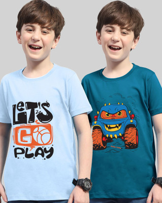 AOOSH Boys Graphic Print Cotton Blend Regular T Shirt(Light Blue, Dark Blue, Pack of 2)