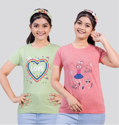 Zuniors-SSC Girls Graphic Print Pure Cotton Regular T Shirt(Green, Pink, Pack of 2)
