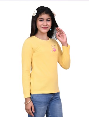 Telesto Girls Printed Cotton Blend Regular T Shirt(Yellow, Pack of 1)