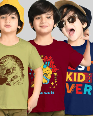 AUSK Boys Printed Cotton Blend Regular T Shirt(Blue, Maroon, Pack of 3)