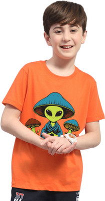 AUSK Boys Printed Cotton Blend Regular T Shirt(Orange, Pack of 1)