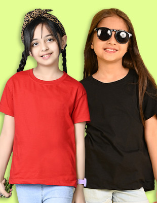 Nusyl Girls Solid Cotton Blend Regular T Shirt(Multicolor, Pack of 2)