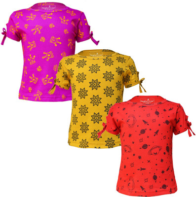 Eazy Trends Girls Printed Pure Cotton Regular T Shirt(Multicolor, Pack of 3)