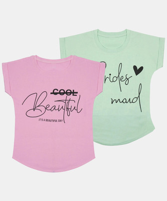 EyeWater Girls Self Design Cotton Blend Regular T Shirt(Pink, Green, Pack of 2)