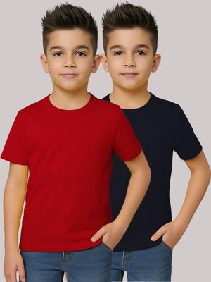 FRISKERS Boys Solid Pure Cotton Regular T Shirt(Red, Blue, Pack of 2)