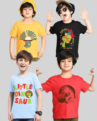 ENITOR Boys Graphic Print Cotton Blend Regular T Shirt(Light Blue, Red, Pack of 4)