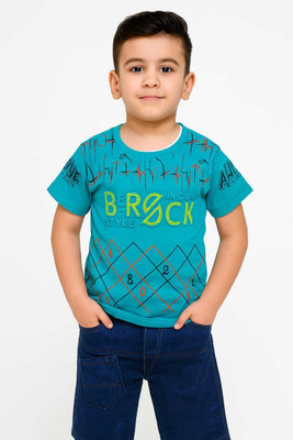 HMAGURI Boys Printed Cotton Blend Regular T Shirt(Green, Pack of 1)