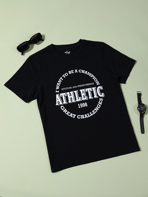 Hoop Boys Printed Pure Cotton Regular T Shirt(Black, Pack of 1)
