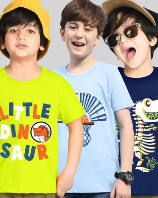 AUSK Boys Printed Cotton Blend Regular T Shirt(Light Green, Light Blue, Pack of 3)