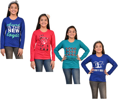 IndiWeaves Girls Printed Pure Cotton Regular T Shirt(Multicolor, Pack of 4)