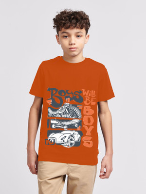 ENZIKO Boys Graphic Print Cotton Blend Regular T Shirt(Orange, Pack of 1)