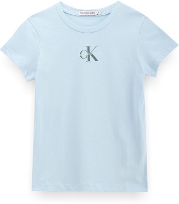 Calvin Klein Jeans Girls Printed Cotton Blend T Shirt(Blue, Pack of 1)