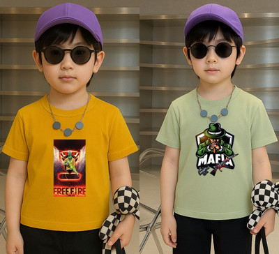 Lecowar Boys Printed Polyester Regular T Shirt(Yellow, Green, Pack of 1)