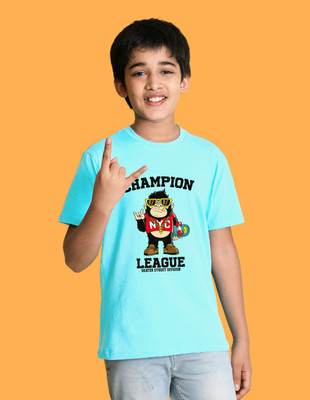 Nusyl Boys Graphic Print Cotton Blend Regular T Shirt(Blue, Pack of 1)
