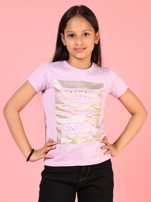 V-MART Girls Printed Cotton Blend Regular T Shirt(Pink, Pack of 1)