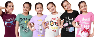 FREEZEANDFROST Girls Printed Cotton Blend Regular T Shirt(Multicolor, Pack of 6)