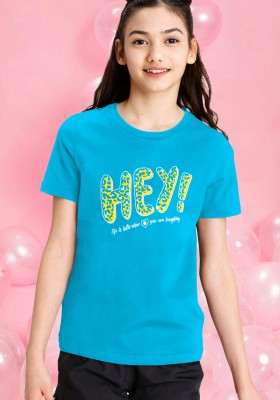 TRIPR Girls Graphic Print Cotton Blend T Shirt(Light Blue, Pack of 1)