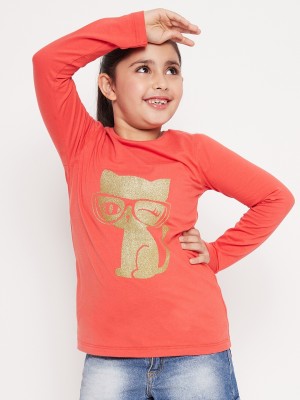 Pspeaches Girls Printed Pure Cotton T Shirt(Orange, Pack of 1)