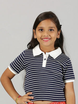 Kiddo Paanti Girls Striped Pure Cotton Regular T Shirt(Dark Blue, Pack of 1)