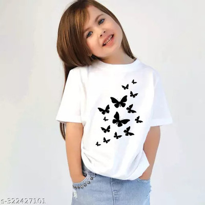 tej Girls Printed Polyester Regular T Shirt(White, Pack of 1)