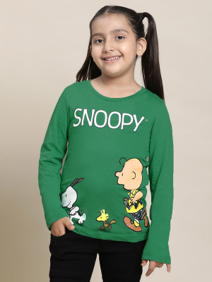 kidsville Girls Typography, Printed Pure Cotton Regular T Shirt(Green, Pack of 1)