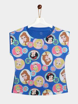 YK Disney Girls Graphic Print Pure Cotton Regular T Shirt(Blue, Pack of 1)