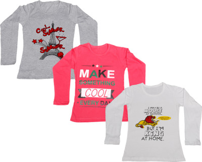 IndiWeaves Girls Graphic Print Cotton Blend Regular T Shirt(Multicolor, Pack of 3)