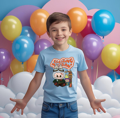 Kidloo Boys Labubu, Graphic Print Cotton Blend Regular T Shirt(Light Blue, Pack of 1)