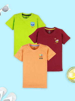 KiddoPanti Boys Printed Pure Cotton Regular T Shirt(Multicolor, Pack of 3)