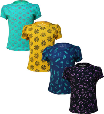 Eazy Trends Girls Printed Pure Cotton Regular T Shirt(Multicolor, Pack of 4)