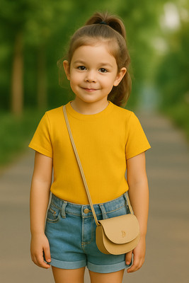 Rory Girls Self Design Cotton Blend Regular T Shirt(Yellow, Pack of 1)