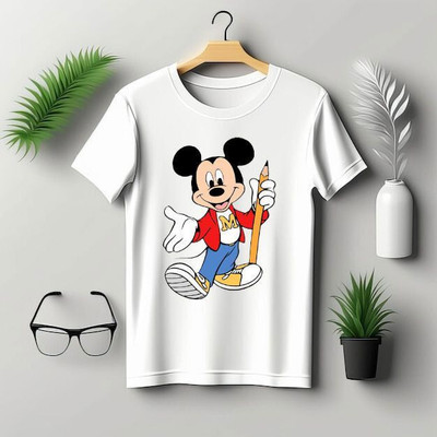 KPPRINT Boys Printed Cotton Blend Regular T Shirt(White, Pack of 1)