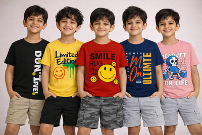 CUTE TREND Boys Printed Pure Cotton Regular T Shirt(Multicolor, Pack of 5)