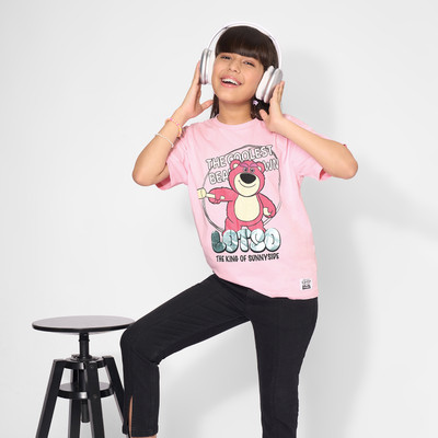 Pantaloons Junior Girls Printed Cotton Blend Regular T Shirt(Pink, Pack of 1)