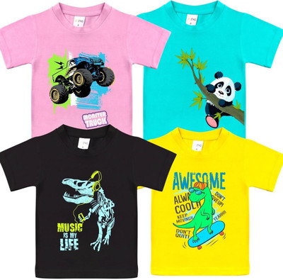 Styks Baby Boys & Baby Girls Printed Cotton Blend Regular T Shirt(Blue, Black, Pack of 4)